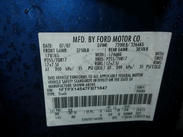 1FTPX14547FB71847 - 2007 FORD F150 BLUE photo 10