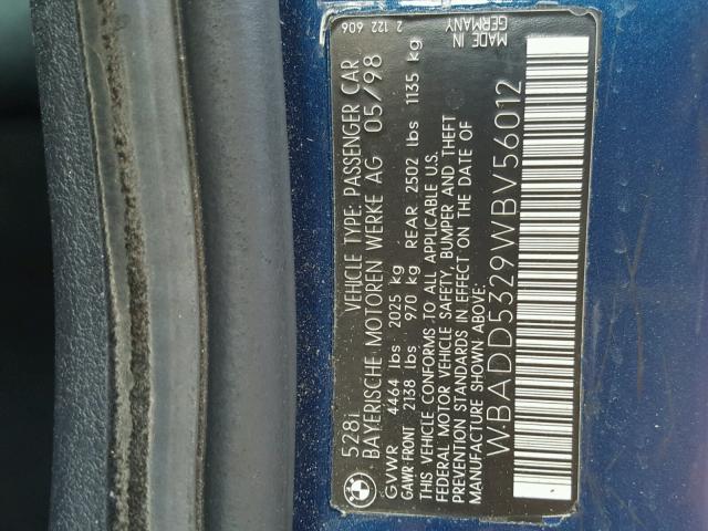 WBADD5329WBV56012 - 1998 BMW 528 I BLUE photo 10