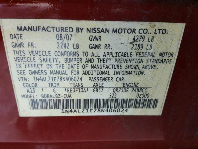 1N4AL21E78N406024 - 2008 NISSAN ALTIMA 2.5 RED photo 10