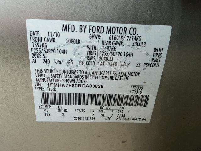 1FMHK7F80BGA03828 - 2011 FORD EXPLORER L GOLD photo 10