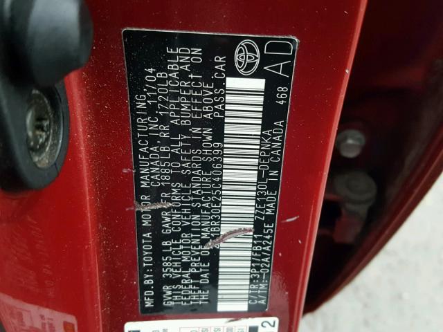 2T1BR30E25C406399 - 2005 TOYOTA COROLLA CE RED photo 10