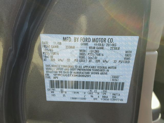 1FMCU037X9KB00291 - 2009 FORD ESCAPE XLT GRAY photo 10