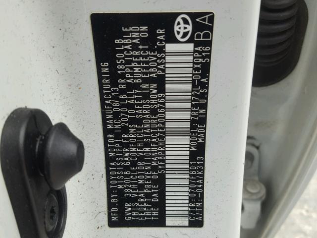 5YFBPRHE7EP006769 - 2014 TOYOTA COROLLA EC 白色 照片 10