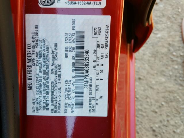 3FAHP0JA0BR232340 - 2011 FORD FUSION SEL RED photo 10