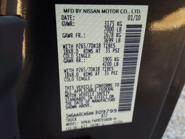 1N6AA0CA6AN309799 - 2010 NISSAN TITAN XE GRAY photo 10