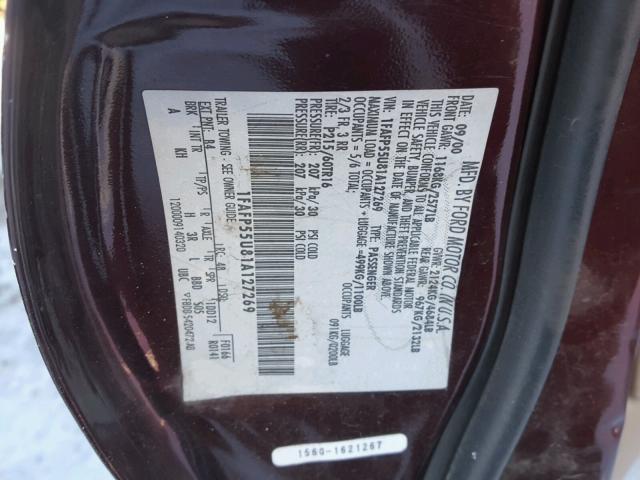 1FAFP55U81A127269 - 2001 FORD TAURUS SES MAROON photo 10