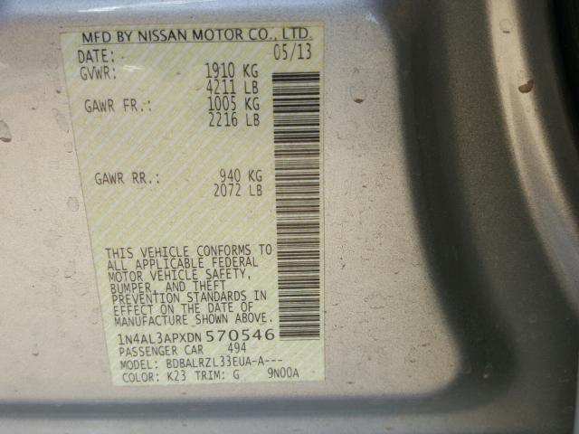 1N4AL3APXDN570546 - 2013 NISSAN ALTIMA 2.5 SILVER photo 10