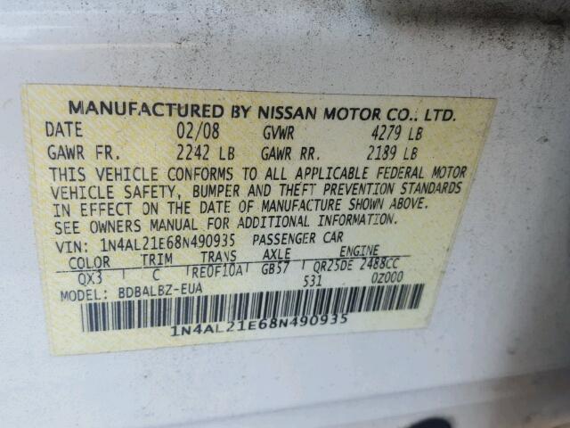 1N4AL21E68N490935 - 2008 NISSAN ALTIMA 2.5 WHITE photo 10