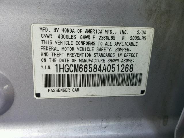 1HGCM66584A051268 - 2004 HONDA ACCORD EX GRAY photo 10