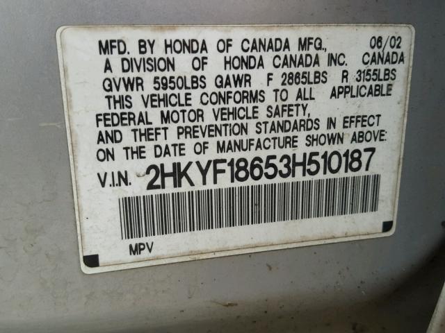 2HKYF18653H510187 - 2003 HONDA PILOT EXL SILVER photo 10