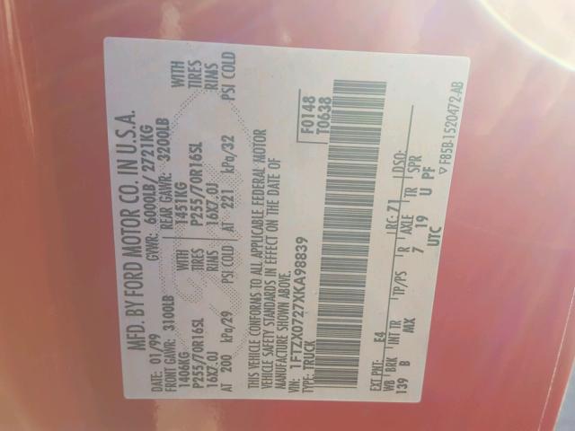 1FTZX0727XKA98839 - 1999 FORD F150 RED photo 10