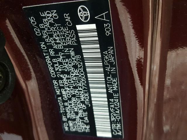 JTKDE177050043278 - 2005 TOYOTA SCION TC 勃艮第红 照片 10