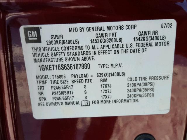 1GKET16S636107880 - 2003 GMC ENVOY XL MAROON photo 10