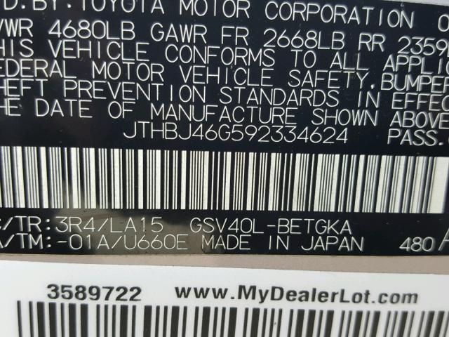 JTHBJ46G592334624 - 2009 LEXUS ES 350 GOLD photo 10