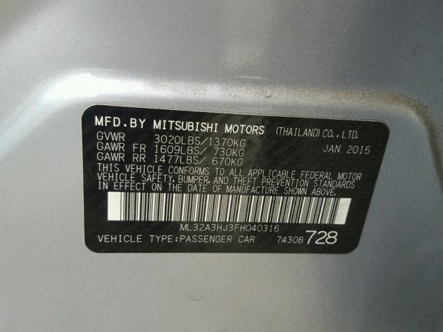 ML32A3HJ3FH040316 - 2015 MITSUBISHI MIRAGE DE SILVER photo 10