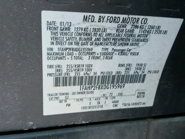 1FAHP2F8XDG195969 - 2013 FORD TAURUS LIM GRAY photo 10