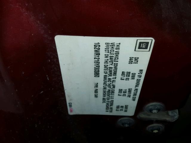 1G2WR1216YF303860 - 2000 PONTIAC GRAND PRIX RED photo 10