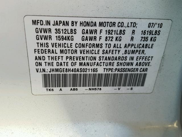 JHMGE8H40AS021165 - 2010 HONDA FIT SPORT WHITE photo 10