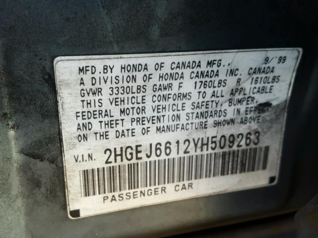 2HGEJ6612YH509263 - 2000 HONDA CIVIC BASE BLUE photo 10