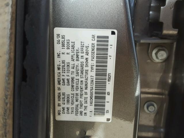 1HGCM56876A129417 - 2006 HONDA ACCORD EX GRAY photo 10