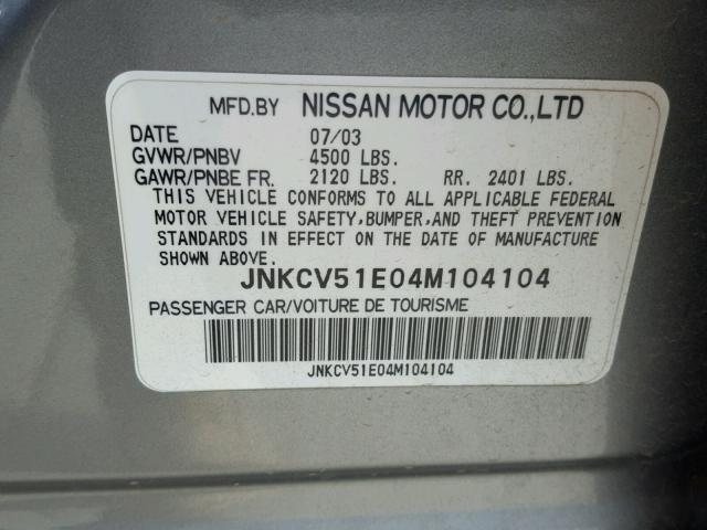 JNKCV51E04M104104 - 2004 INFINITI G35 GRAY photo 10