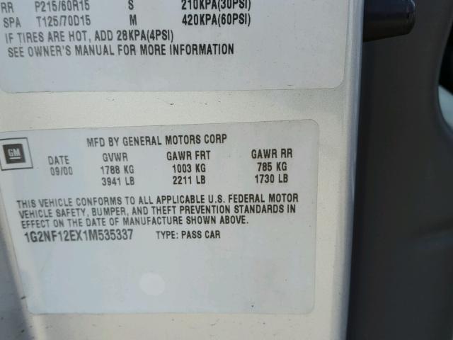 1G2NF12EX1M535337 - 2001 PONTIAC GRAND AM S SILVER photo 10