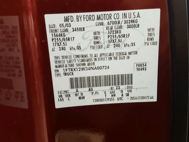 1FTRX12W34NA00724 - 2004 FORD F150 BURGUNDY photo 10