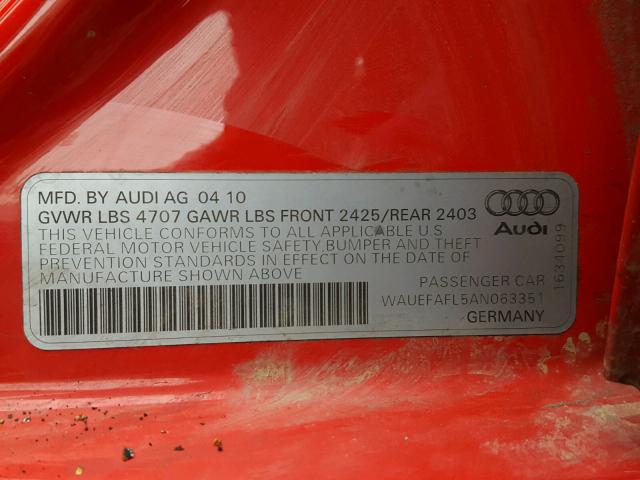 WAUEFAFL5AN063351 - 2010 AUDI A4 PREMIUM RED photo 10