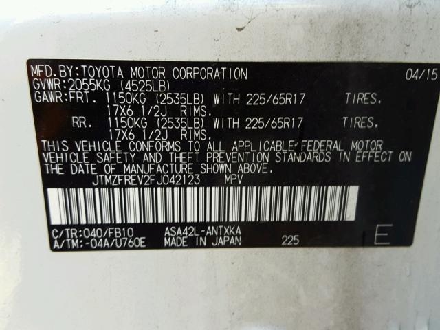 JTMZFREV2FJ042123 - 2015 TOYOTA RAV4 LE Ağ foto 10