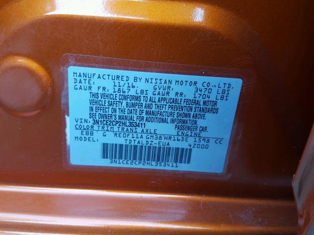 3N1CE2CP2HL353411 - 2017 NISSAN VERSA NOTE ORANGE photo 10