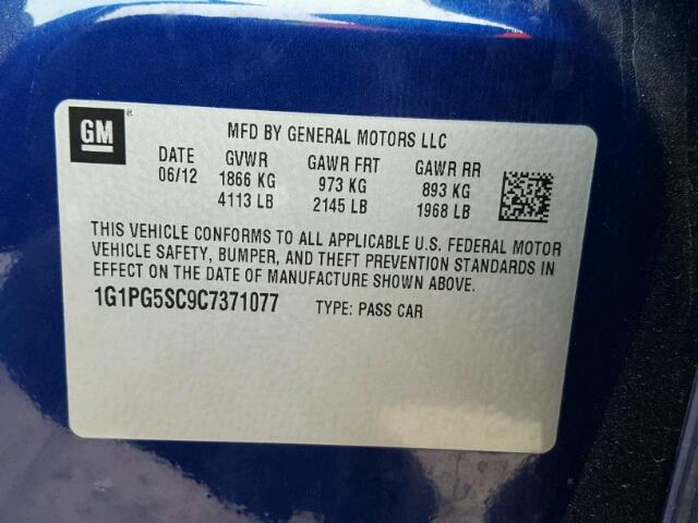 1G1PG5SC9C7371077 - 2012 CHEVROLET CRUZE LT BLUE photo 10