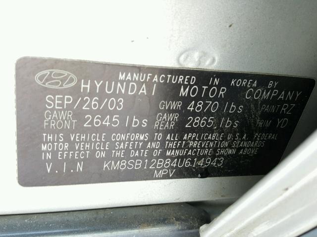 KM8SB12B84U614943 - 2004 HYUNDAI SANTA FE G SILVER photo 10