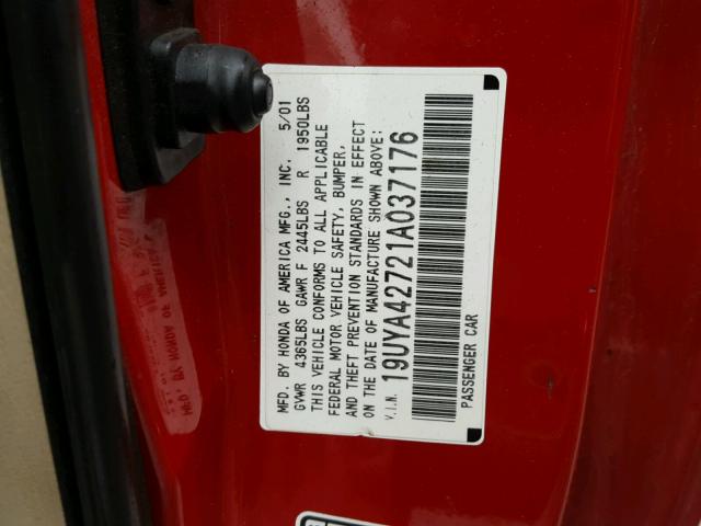 19UYA42721A037176 - 2001 ACURA 3.2CL TYPE RED photo 10