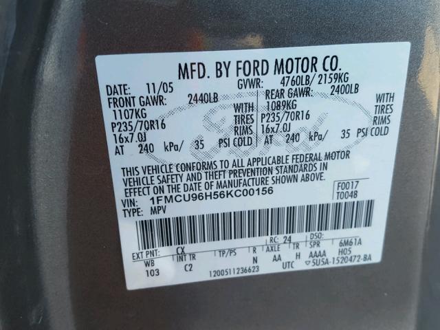 1FMCU96H56KC00156 - 2006 FORD ESCAPE HEV GRAY photo 10