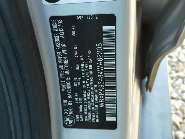 WBXPA93434WA62208 - 2004 BMW X3 3.0I SILVER photo 10