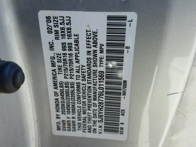 5J6YH28776L011569 - 2006 HONDA ELEMENT EX SILVER photo 10