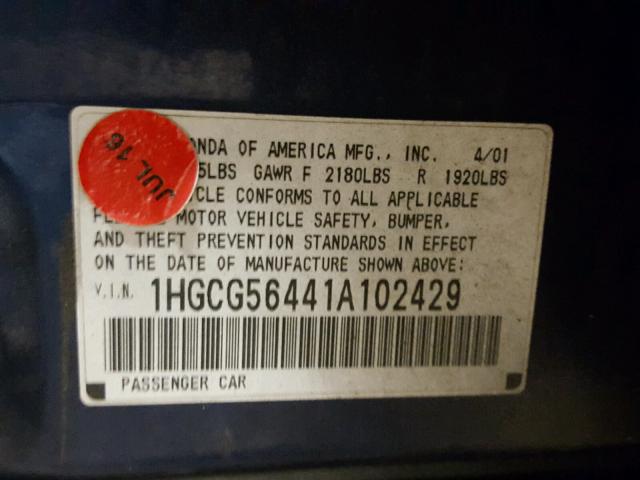 1HGCG56441A102429 - 2001 HONDA ACCORD LX GRAY photo 10