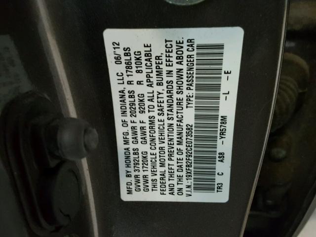 19XFB2F92CE073582 - 2012 HONDA CIVIC EXL Szary zdjęcie 10