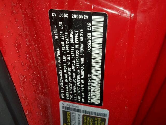 WVWBA71F88V024319 - 2008 VOLKSWAGEN EOS TURBO RED photo 10