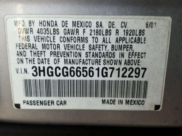 3HGCG66561G712297 - 2001 HONDA ACCORD LX SILVER photo 10