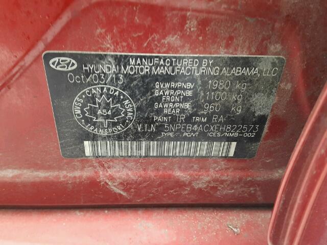 5NPEB4ACXEH822573 - 2014 HYUNDAI SONATA GLS RED photo 10