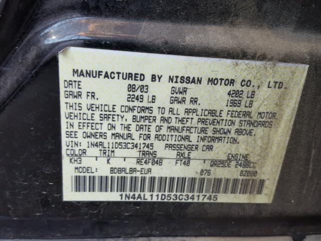 1N4AL11D53C341745 - 2003 NISSAN ALTIMA BAS BLACK photo 10