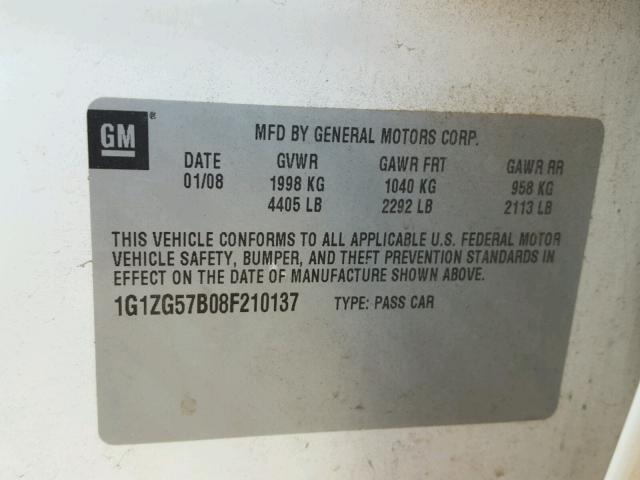 1G1ZG57B08F210137 - 2008 CHEVROLET MALIBU LS WHITE photo 10