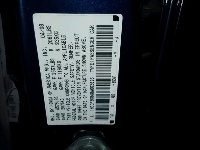 1HGCP36848A063696 - 2008 HONDA ACCORD EXL BLUE photo 10