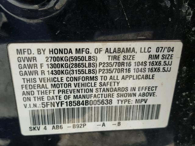 5FNYF18584B005638 - 2004 HONDA PILOT EXL BLACK photo 10