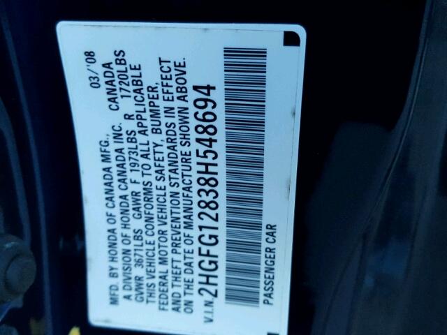 2HGFG12838H548694 - 2008 HONDA CIVIC EX 蓝色 照片 10