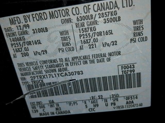 2FTRX17L1YCA30783 - 2000 FORD F150 BLACK photo 10