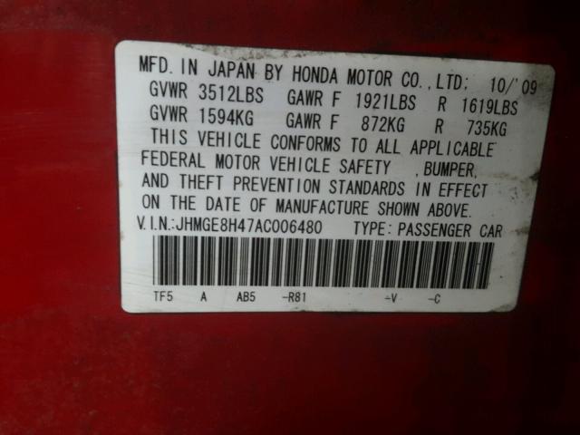 JHMGE8H47AC006480 - 2010 HONDA FIT SPORT RED photo 10