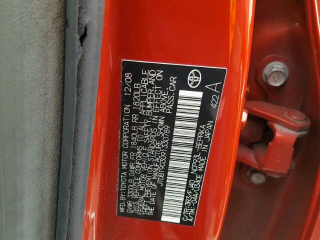 JTDBT903091330789 - 2009 TOYOTA YARIS RED photo 10