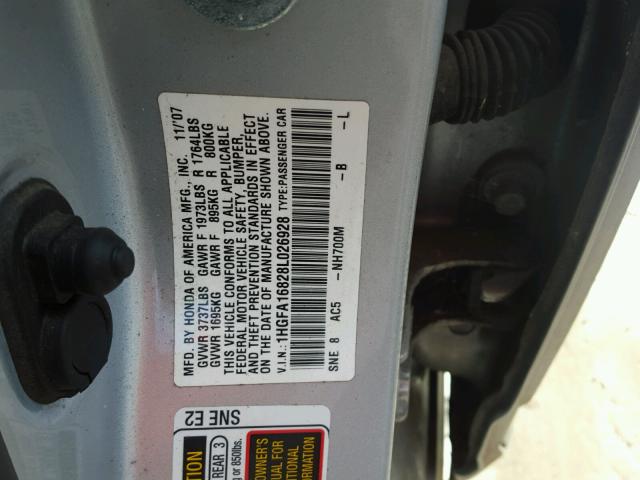 1HGFA16828L026928 - 2008 HONDA CIVIC EX ვერცხლისფერი ფოტო 10